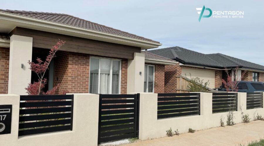 aluminium front fence with single swing gate installed by Pentagon Fencing & Gates in Melbourne