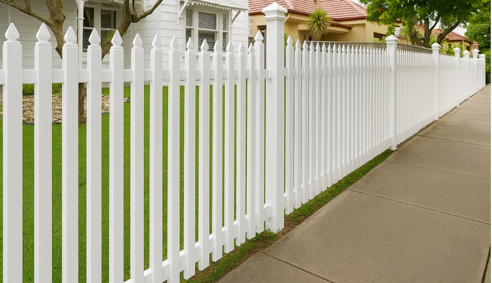 Classic white aluminium picket fence with gate in Canterbury