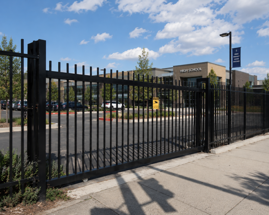 Commercial steel rod top security sliding gate and fence 1