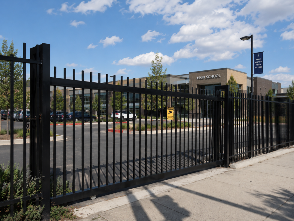 Sliding Gates 19 Commercial steel rod top security sliding gate and fence 1 e1779175563908