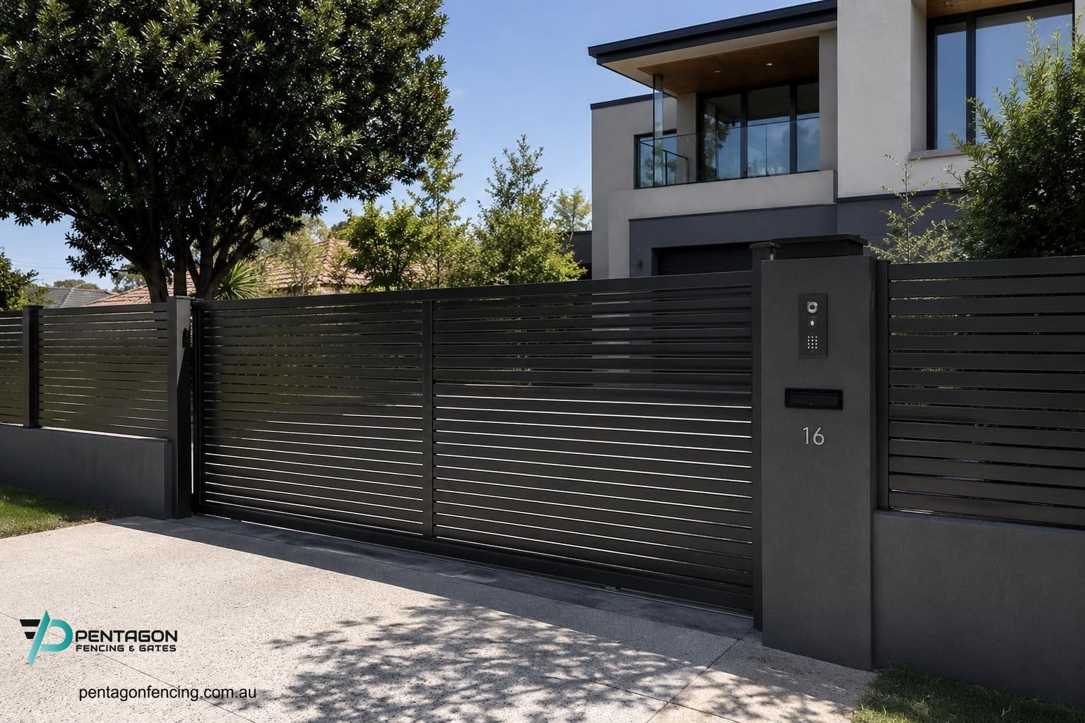 Aluminium Gates Melbourne: Matching Sliding, Swing and Pedestrian Gates to Aluminium Fencing 3 aluminium horizontal slat sliding gate melbourne