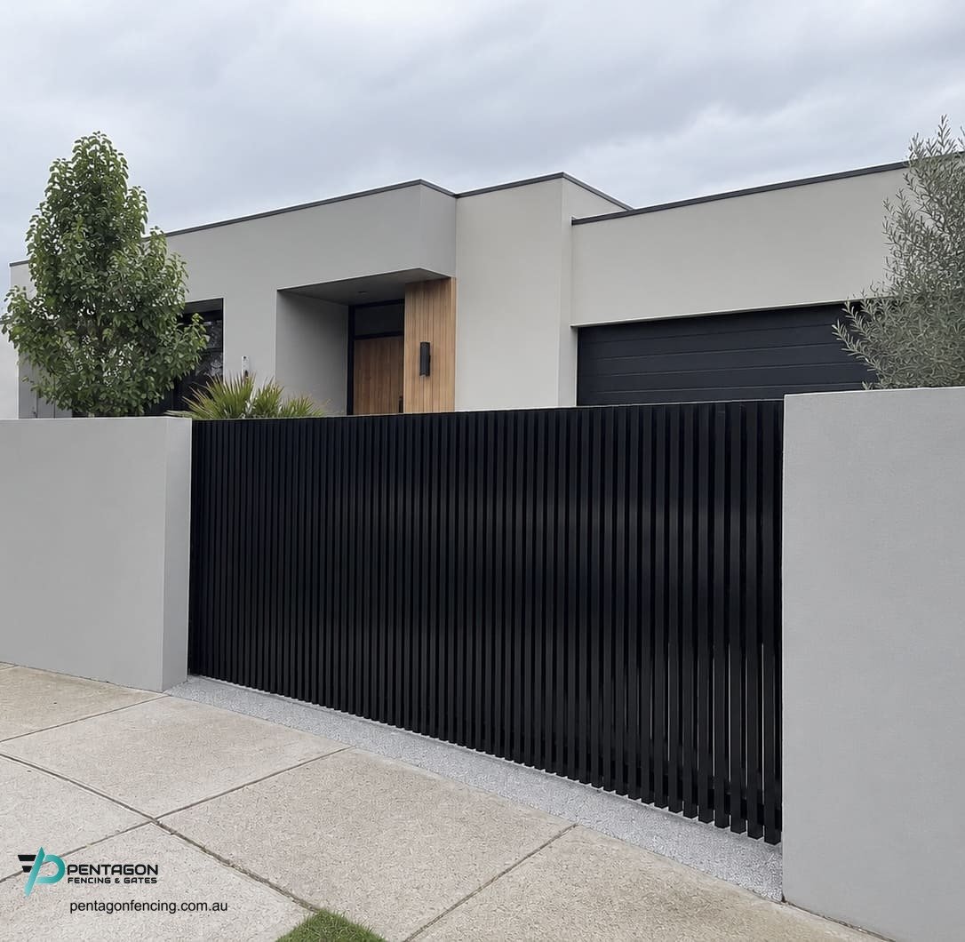 Aluminium Gates Melbourne: Matching Sliding, Swing and Pedestrian Gates to Aluminium Fencing 6 aluminium vertical batten sliding gate
