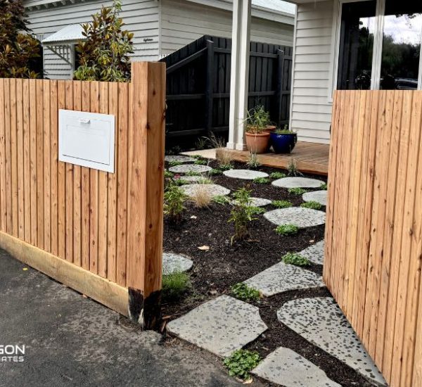 timber front fence with pedestrian access gate installed by Pentagon Fencing & Gates in Melbourne